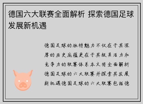 德国六大联赛全面解析 探索德国足球发展新机遇