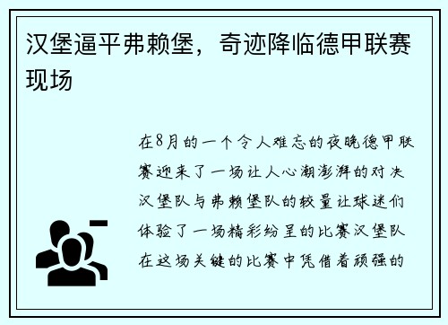 汉堡逼平弗赖堡，奇迹降临德甲联赛现场