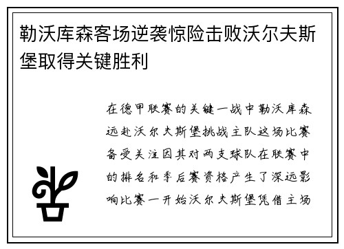 勒沃库森客场逆袭惊险击败沃尔夫斯堡取得关键胜利